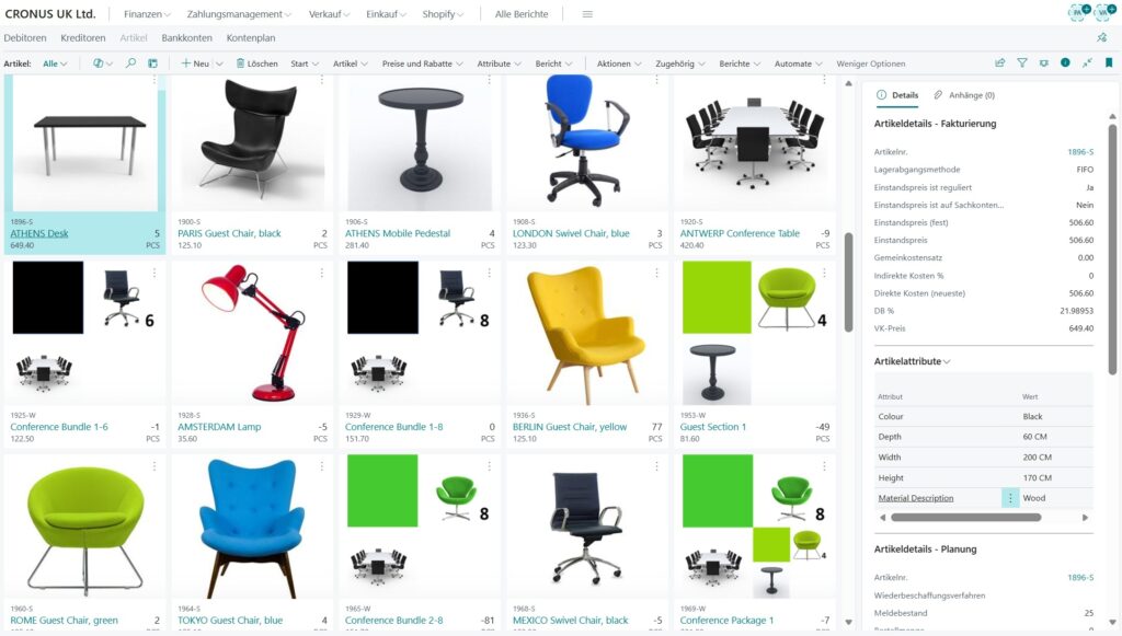 Artikelsortiment in Business Central dargestellt