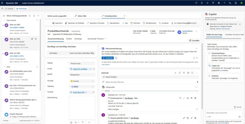 picture of MS dynamics customer service portal with copilot function