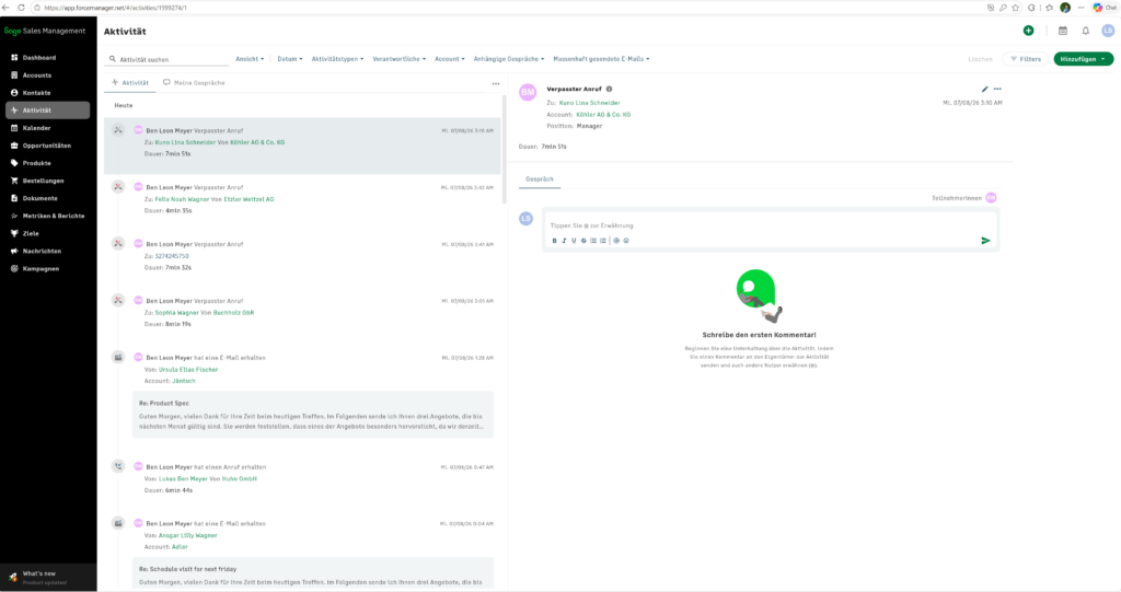 Sage Sales Manager Besuchsberichte & Aktivitäten